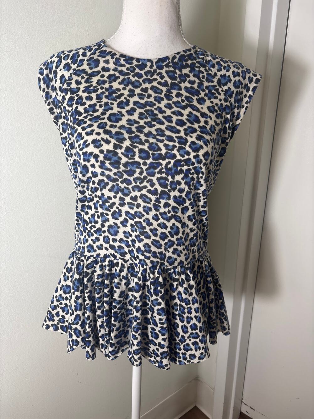 Rebecca Taylor Blue Cheetah Print Cap Sleeve Ruffle Hem Sz S